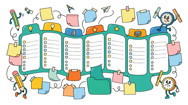 Collection of colorful folders and documents arranged on table