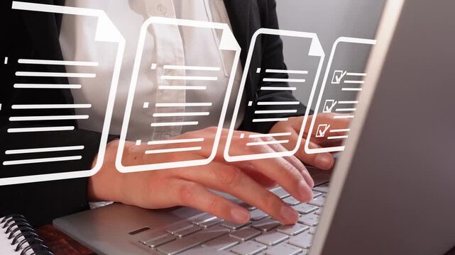 Person types on laptop, glowing document icons float above keyboard. Focus on hands and screen, modern digital workspace vibe. Suggests file management, data entry, or remote work