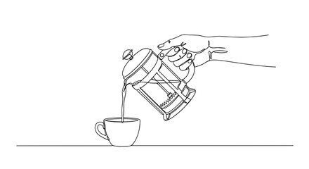Fototapeta premium Hand pouring coffee from French press into cup, minimalist line art
