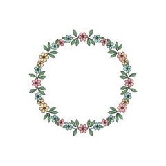 Fototapeta premium Floral - Pastel Colored Round Flower Wreath Frame with Pink Blue Yellow Blooms and Green Leaves on White