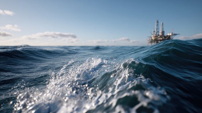 Offshore Oil Rig in Rough Seas: A majestic oil rig stands resolute against a backdrop of choppy ocean waves and a vast blue sky, symbolizing industry and perseverance.