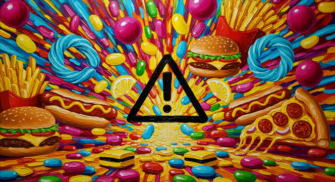 Abstract painting of fast food and candy exploding around a warning sign. Vibrant impasto artwork featuring burgers, pizza, and sweets. Unhealthy diet and obesity awareness concept.