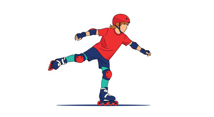 Fototapeta premium Young boy in a red shirt and protective gear performing a trick on roller skates while balancing on one leg with arms outstretched.