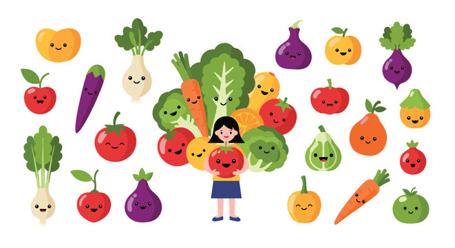 Smiling young girl holding a large red tomato surrounded by a variety of cute cartoon vegetables with happy faces on white background.