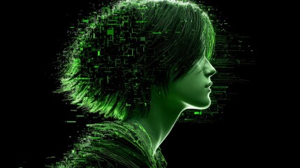 Obraz premium Stylized Woman Profile with Neon Pixel Hair and Corrupted Data Streams