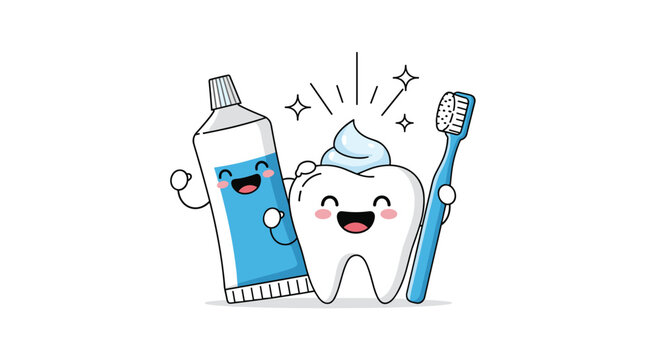 Cute cartoon characters of a happy white tooth a blue tube of toothpaste and a toothbrush celebrating dental hygiene together.