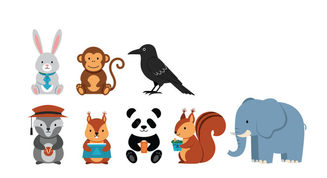 Collection of adorable cartoon animals including a rabbit monkey crow raccoon panda squirrel and elephant are shown in a friendly group layout.