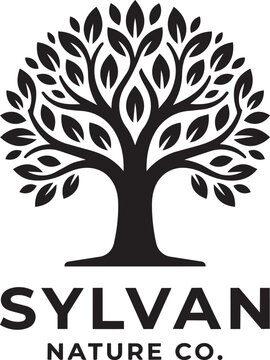 Minimalist black tree logo design for sylvan nature company with circular leaf crown and simple text