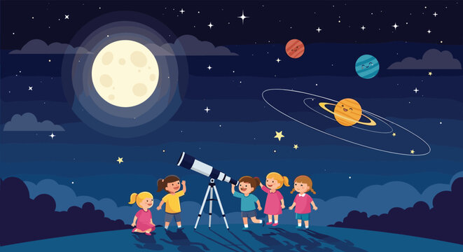 Five curious children stand on a hill at night and use a telescope to observe the moon planets and stars in the vast dark blue outer space.
