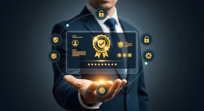 A business professional presenting a digital data security and certification interface.