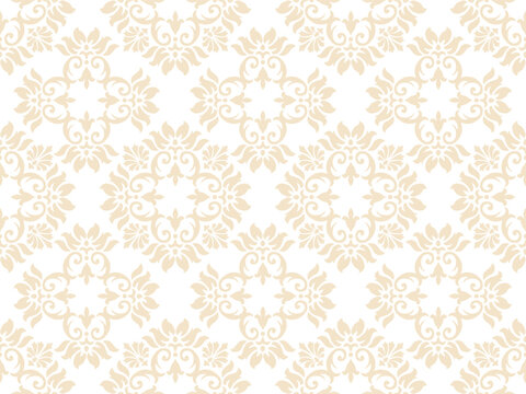 Elegant beige cream damask seamless pattern vector background. Luxury vintage floral and scroll ornament for wallpaper, textile, fabric, and wedding invitation design.