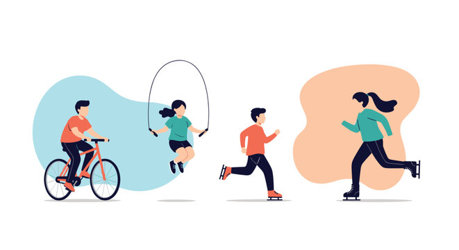 Group of diverse children engaged in various outdoor activities like cycling, jump rope, running, and roller skating in a flat style.