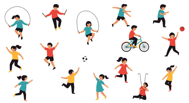 Large collection of tiny diverse children playing various sports and games like soccer, basketball, and skipping in a flat vector.