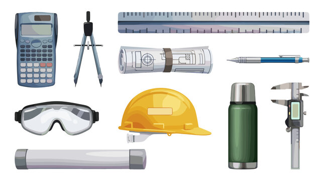 Collection of construction and engineering tools and safety equipment