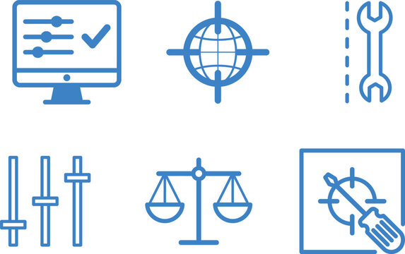 blue line icons for business and technology concepts  computer screen with checkmark  globe with crosshairs  wrench  screwdrivers  scales  prohibited light bulb