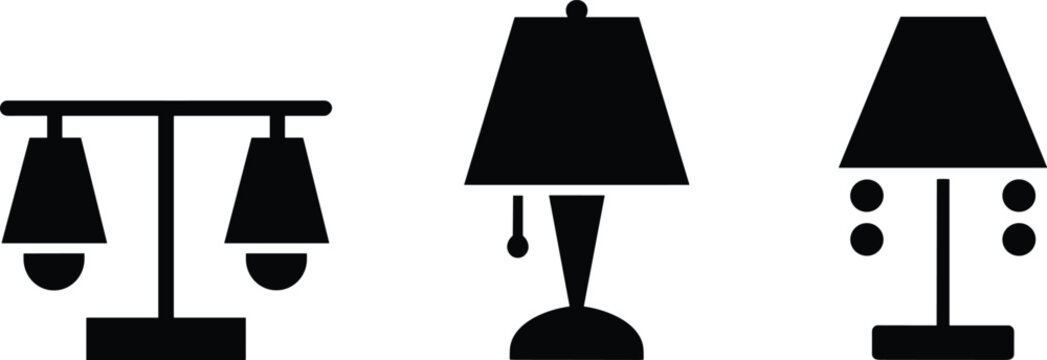 Black silhouette icons of modern lamp designs including dual shade, pull chain, and button switch styles for interior lighting concepts