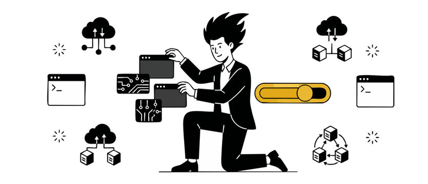 Software developer managing cloud computing databases and interface windows for web engineering concept, black and white vector illustration for technology system administration and coding website.