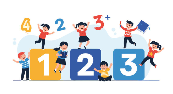 Cheerful children playing around giant colorful numbers one two and three to celebrate learning math in a flat vector illustration.