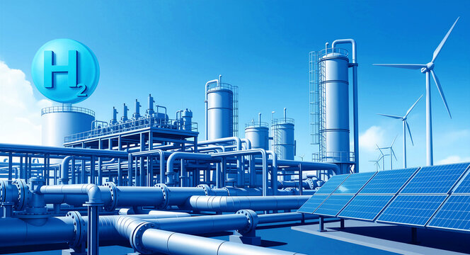 Hydrogen plant with solar panels and wind turbines. Industrial storage tanks and pipes for green fuel production. Renewable energy concept, ideal for sustainable technology and climate marketing.