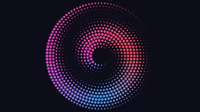 Hypnotic classic seamless looping animation of dotted spiral particle trails glowing and rotating in 3d space.