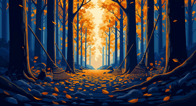 Leaf rakes leaning against trees in a vibrant autumn forest. Golden leaves cover the path beneath a glowing sunlit canopy. Landscaping and fall cleanup concept for seasonal marketing.