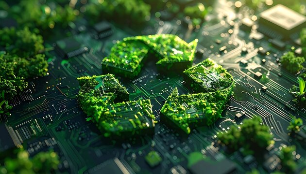 A green recycling symbol on a circuit board with foliage