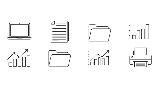 Set Of Business And Office Outline Icons For Documents, Folders, Charts, Laptop, And Printer