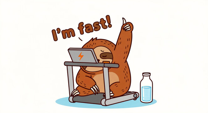 Cute cartoon sloth on a treadmill with a speech bubble saying I'm fast. Humorous illustration of a slow animal attempting a workout. Irony and fitness humor concept for motivational marketing.