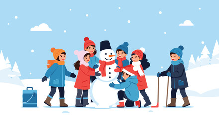 Fototapeta premium Group of children dressed in warm winter clothing work together to build a large friendly snowman in a snowy landscape with pine trees.