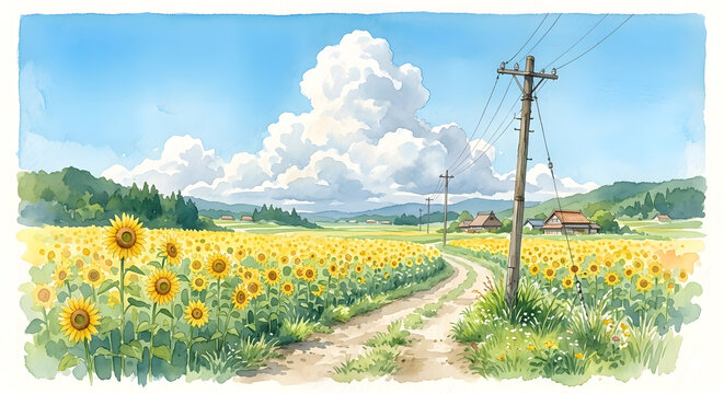 夏の終わりのひまわり畑と入道雲