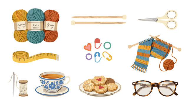 Collection of knitting tools yarn and accessories