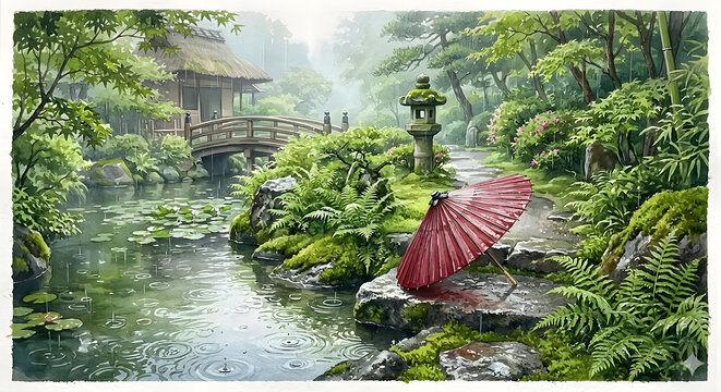 雨の日の庭園と苔、そして赤い和傘