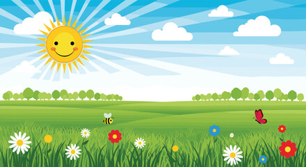 Obraz premium Beautiful sunny day landscape featuring a smiling sun, green hills, colorful wildflowers, a flying bee, and a red butterfly in a meadow.
