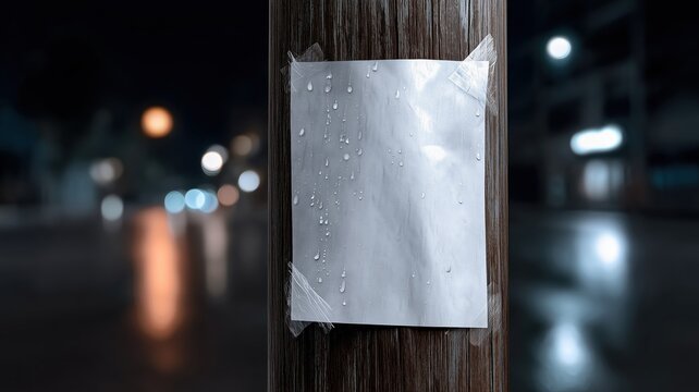 Blank white flyer taped on wet wooden pole at night with water droplets