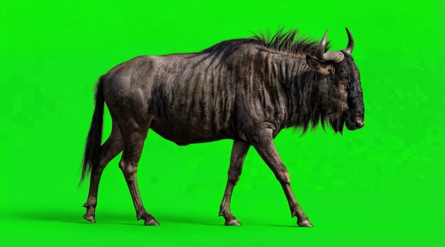 Video of one wildebeest are walking on the green screen background