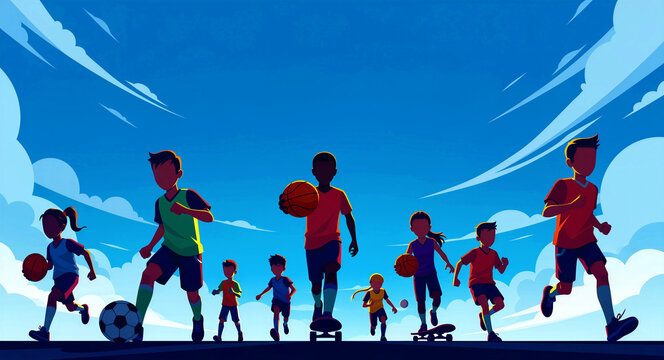 Active children playing various sports outdoors under a blue sky. Diverse kids running, playing soccer, basketball, and skateboarding in a flat vector style. Youth healthy lifestyle concept.