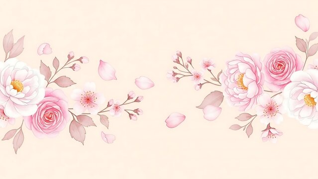 Pink Roses Cherry Blossoms Floral Border