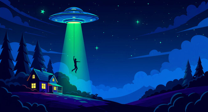 UFO abducting a person over a house with a green beam. Silhouette floating into a flying saucer during a starry night. Sci-fi alien encounter concept for mystery and paranormal content.