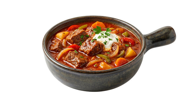 Hearty Hungarian beef goulash soup with potatoes and sour cream