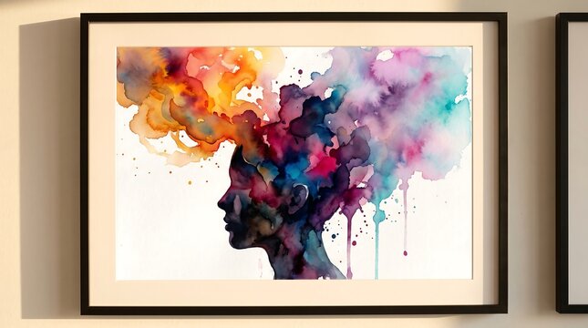 Abstract watercolor silhouette of a person with colorful exploding thoughts
