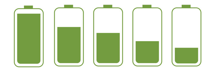 Level battery energy icon set. Powerfully full and power low up status batteries. Energy reusing concept. Alkaline tags. Battery charging point, charge indicator. Mobile plug.  © Dipa
