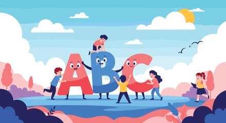 Fototapeta premium Group of happy children playing and climbing on giant colorful ABC letters in a bright outdoor landscape under a sunny sky.