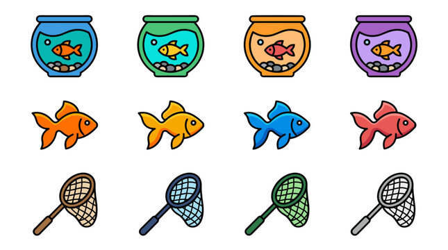 Colorful fish and fishing nets set on for aquatic theme