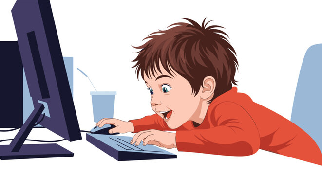 Excited young boy looking at a computer screen with wide eyes and an open mouth while using a keyboard and mouse.