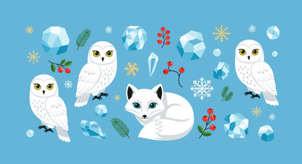 Winter arctic animals and ice elements set, flat cartoon style graphic illustration © Funkstripe