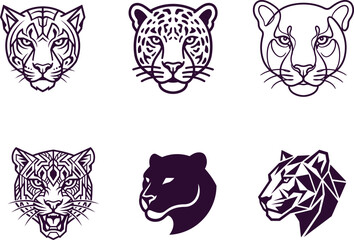 Fototapeta premium Collection of six different animal head illustrations featuring various big cat species