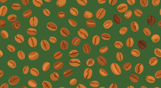 Seamless pattern of roasted coffee beans scattered on a green background, graphic element