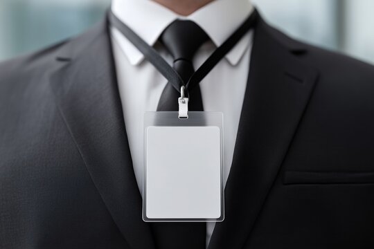 Businessman in black suit wearing blank id badge in corporate setting