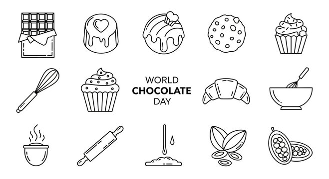 World Chocolate Day Icons: Bar, Cookie, Cupcake, Croissant, Cocoa Beans, Rolling Pin, Whisk