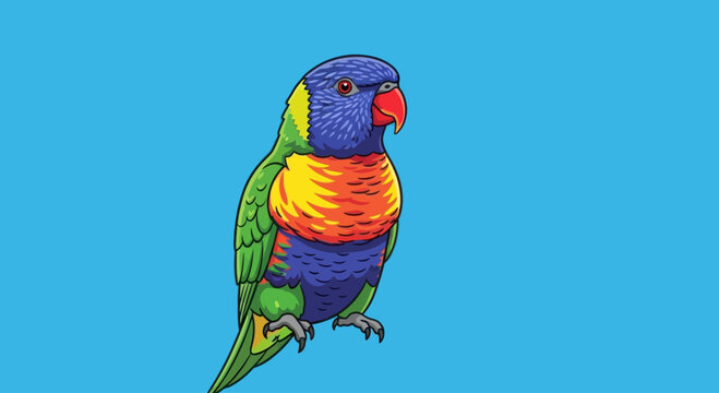 Colorful lorikeet parrot illustration with vibrant plumage, isolated on solid blue background.